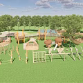 Fun Outdoor Playground Equipment With Climbing Frames Slides Swings On Green Grass And Trees