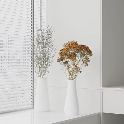 White Vases With Gray And Orange Dried Flowers By White Blinds And Cabinets 3d model