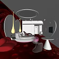 Modern Hotel Room Interior With Red Heart-shaped Lighting Circular Lamp Bed And Sofa