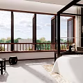 Traditional Chinese Style Hotel Guest Room With Large Windows Wooden Furniture And Green Outdoor View