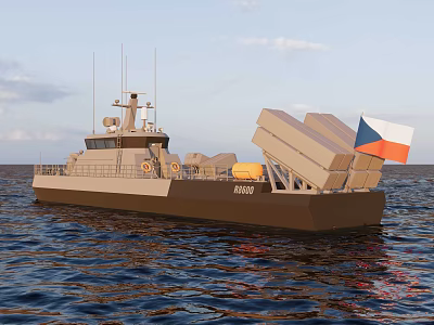 Missile Launcher Weapon System on Czech Military Ship Sailing Open Ocean Waters 3d model