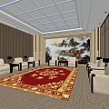 Hotel Public Lounge Interior With Beige Sofas Red Patterned Carpet And Landscape Painting 3d model
