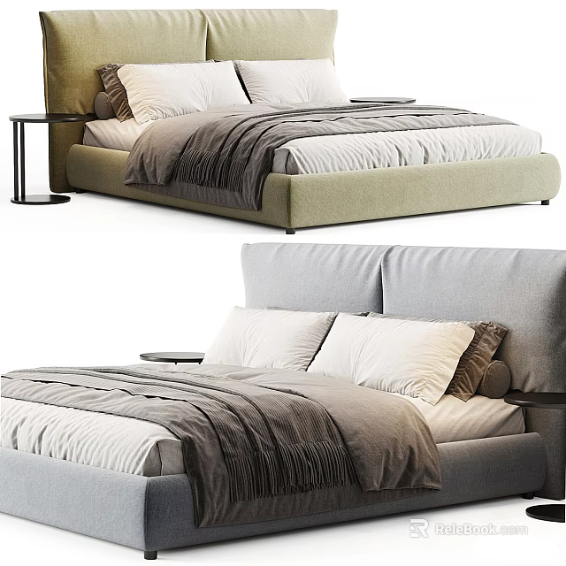 Modern Double Bed With Upholstered Headboard Plush Pillows And Textured Bedspread 3d model 
