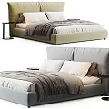 Modern Double Bed With Upholstered Headboard Plush Pillows And Textured Bedspread 3d model