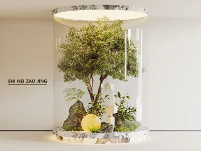 Elegant Indoor Landscape In Transparent Cylindrical Glass Container With Green Tree Ferns Rocks And Lighting 3d model