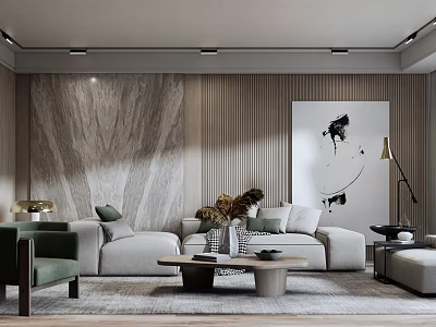 Elegant Modern Living Room Interior With Sofa Decorative Painting Floor Lamp And Area Rug 3d model