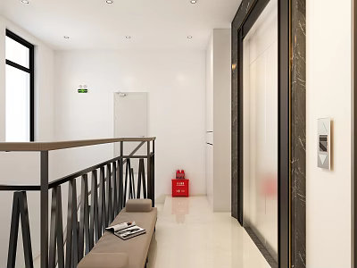 Modern Elevator Lobby Featuring White Walls Marble Accents Bench Magazines And Natural Light 3d model