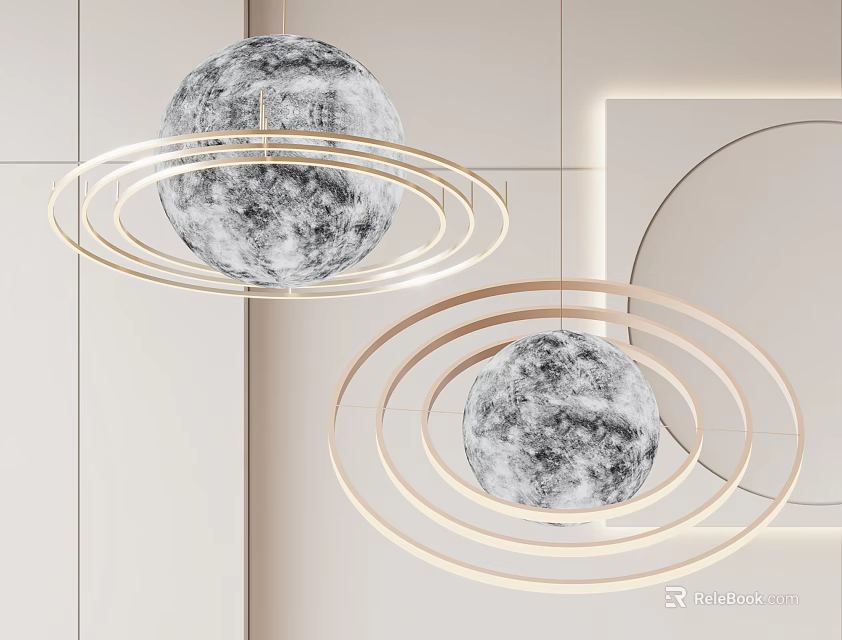 Modern Minimalist Chandeliers With Moon Surface Texture And Golden Ring Decoration 3d model 