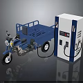 Blue Three Wheeled Motorcycle Charging at Electric Charging Station