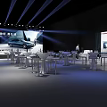 Modern Auto Show Stage With Large Screen Car Display And Audience Tables Under Lighting