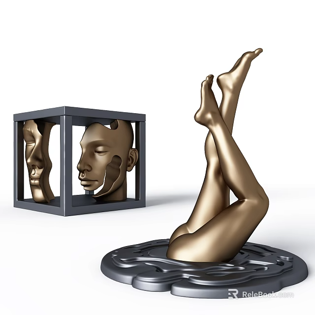 Decorative Ornament Set With Black Frame Cube And Golden Leg Sculpture On Ripple Base 3d model 