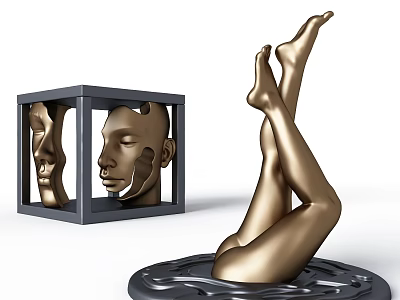 Decorative Ornament Set With Black Frame Cube And Golden Leg Sculpture On Ripple Base 3d model