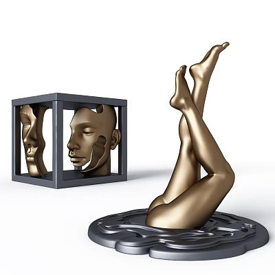 Decorative Ornament Set With Black Frame Cube And Golden Leg Sculpture On Ripple Base 3d model