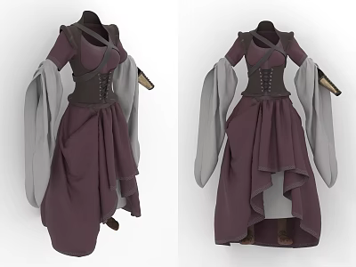Purple Dress With Gray Sleeves Corset Crisscross Straps And Asymmetrical Hem 3d model