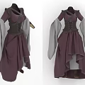 Purple Dress With Gray Sleeves Corset Crisscross Straps And Asymmetrical Hem