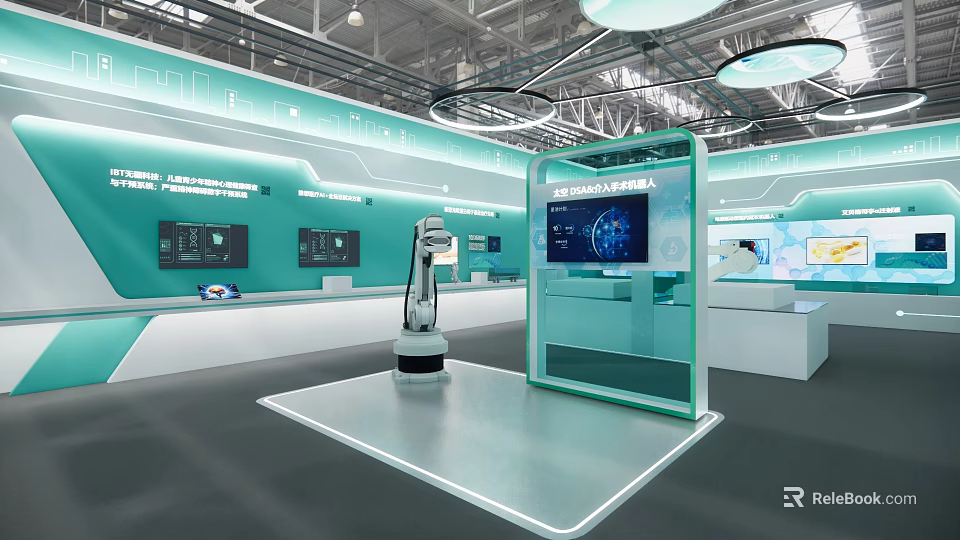 Modern Interactive Tech Exhibition Booth With Robot Display Screen Green Walls And LED Lighting 3d model 