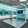 Modern Interactive Tech Exhibition Booth With Robot Display Screen Green Walls And LED Lighting 3d model