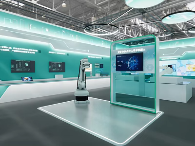 Modern Interactive Tech Exhibition Booth With Robot Display Screen Green Walls And LED Lighting 3d model