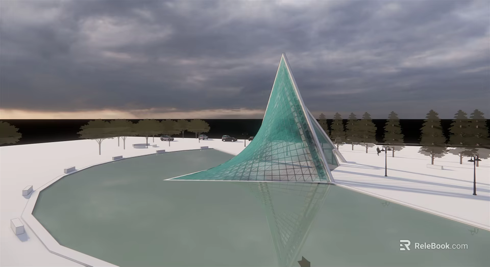 Modern Green Conical Tower With Glass Grid Structure And Water Reflection 3d model 