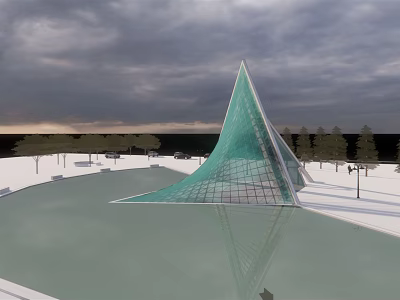 Modern Green Conical Tower With Glass Grid Structure And Water Reflection 3d model