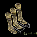 Three Pairs of Stylish Boots in Different Colors on Transparent Display Stand with Price Tags