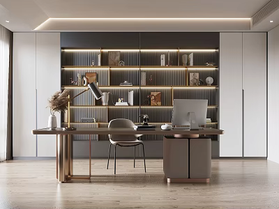 Elegant Modern Study Room Interior With Desk Chair LED Bookshelf And Computer Monitor 3d model