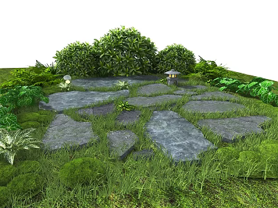 Natural Garden Landscape With Stone Pathway Green Plants And Small Lantern 3d model