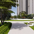 Beautiful Residential Landscape With High Rise Building Tree Lined Pathway Pink Flowers And Lawn