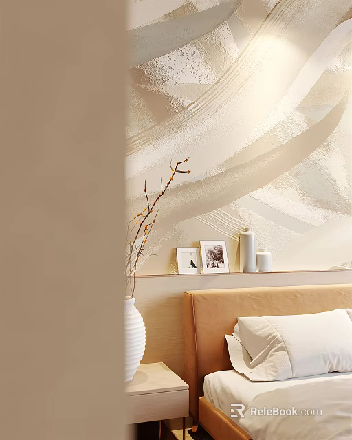Modern Bedroom With Abstract Light Wave Texture Wall Beige Headboard White Vase Branches Photo Frames 3d model 