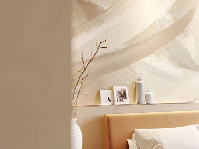 Modern Bedroom With Abstract Light Wave Texture Wall Beige Headboard White Vase Branches Photo Frames 3d model