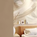 Modern Bedroom With Abstract Light Wave Texture Wall Beige Headboard White Vase Branches Photo Frames