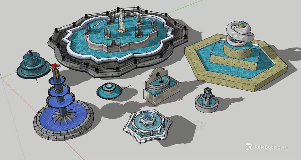 Various Decorative Fountain Designs With Multi Tiered Circular And Square Structures 3d model 