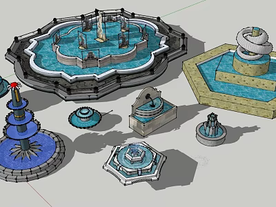 Various Decorative Fountain Designs With Multi Tiered Circular And Square Structures 3d model