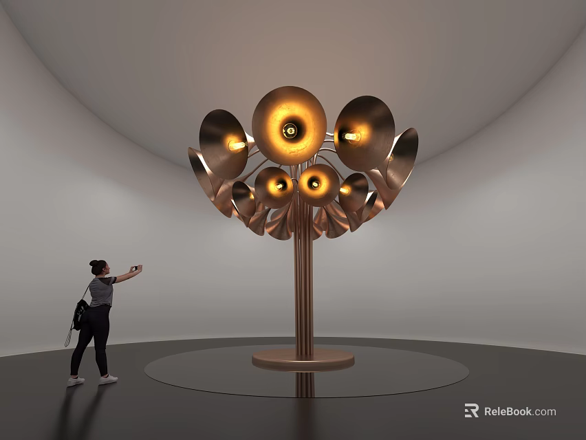 Tree Like Art Installation With Golden Horn Shaped Elements Yellow Lights And Circular Base 3d model