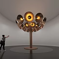 Tree Like Art Installation With Golden Horn Shaped Elements Yellow Lights And Circular Base 3d model