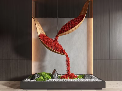 Contemporary Indoor Landscape With Hanging Scoop Structures Flowing Red Particles Green Moss Stones White Pebbles 3d model