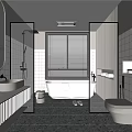 Modern Bathroom Interior With White Bathtub Double Sink Vanity Grey Tiled Walls And Terrazzo Flooring