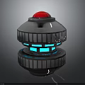 Futuristic Device With Silver Metallic Body Layered Structure Red Top Button And Blue Glowing Panels