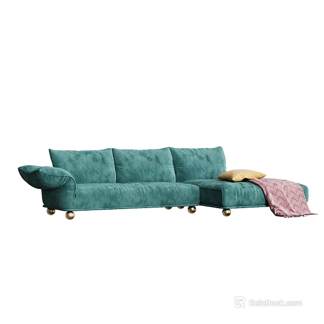 Teal Velvet Sectional Sofa with Golden Legs Yellow Cushion and Pink Blanket 3d model 