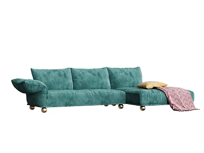 Teal Velvet Sectional Sofa with Golden Legs Yellow Cushion and Pink Blanket 3d model