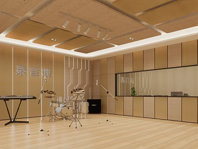 Modern Recording Studio Interior With Drums Keyboard Sound Equipment And Wooden Walls 3d model