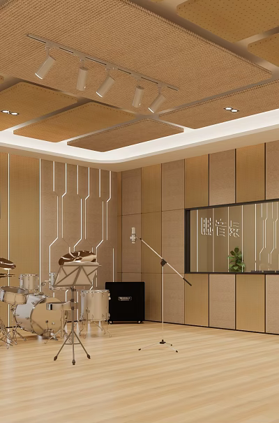 Modern Recording Studio Interior With Drums Keyboard Sound Equipment And Wooden Walls 3d model