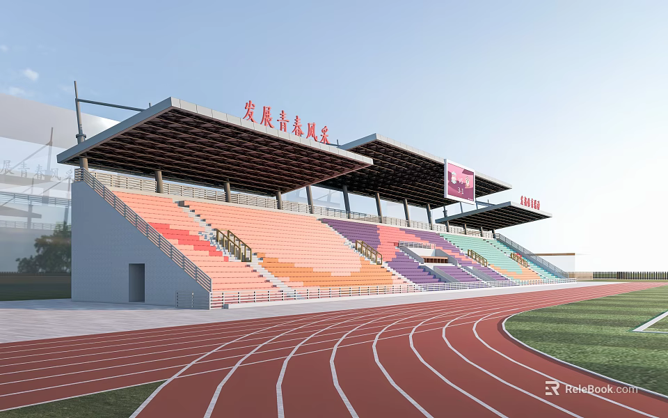 Modern Outdoor Stadium With Running Track Colorful Seats And Roof Structure 3d model 