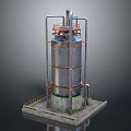 Large Industrial Metal Storage Tank With Vertical Pipes And Platform Foundation