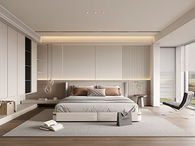 Modern Bedroom Interior Design With Bedhead Wall Wooden Flooring And Natural Light 3d model