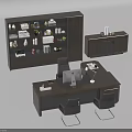 Dark Wooden Office Desk With Computer Monitor Files Black Chairs Side Bookshelf And Storage Cabinet