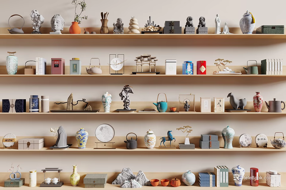 Stylish Home Decorative Ornament Collection On Display Shelves With Various Sculptures And Vases 3d model 