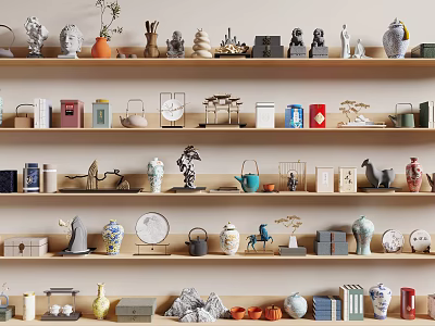 Stylish Home Decorative Ornament Collection On Display Shelves With Various Sculptures And Vases 3d model