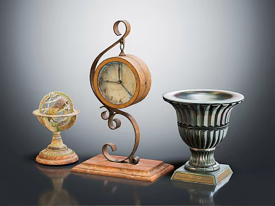 Vintage Decorative Ornament Set With Globe Clock And Carved Vase For Home Decoration 3d model
