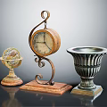 Vintage Decorative Ornament Set With Globe Clock And Carved Vase For Home Decoration